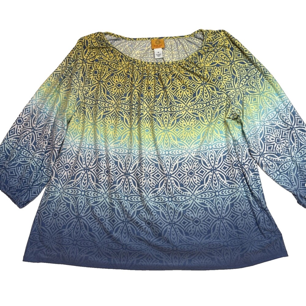 Ruby Rd Top Yellow Blue Ombre Medallion Peasant Blouse 3/4 Sleeve Size XL